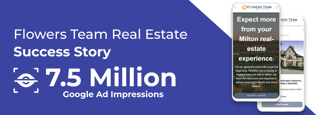 Flowers Team Real Estate success story, blue banner with 7.5 million Google Ad impressions and a smartphone ad mockup