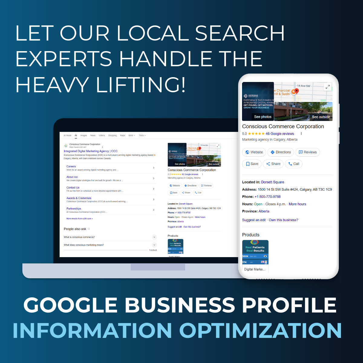 Laptop and phone displaying Google Business Profile data, promoting local search optimization services.