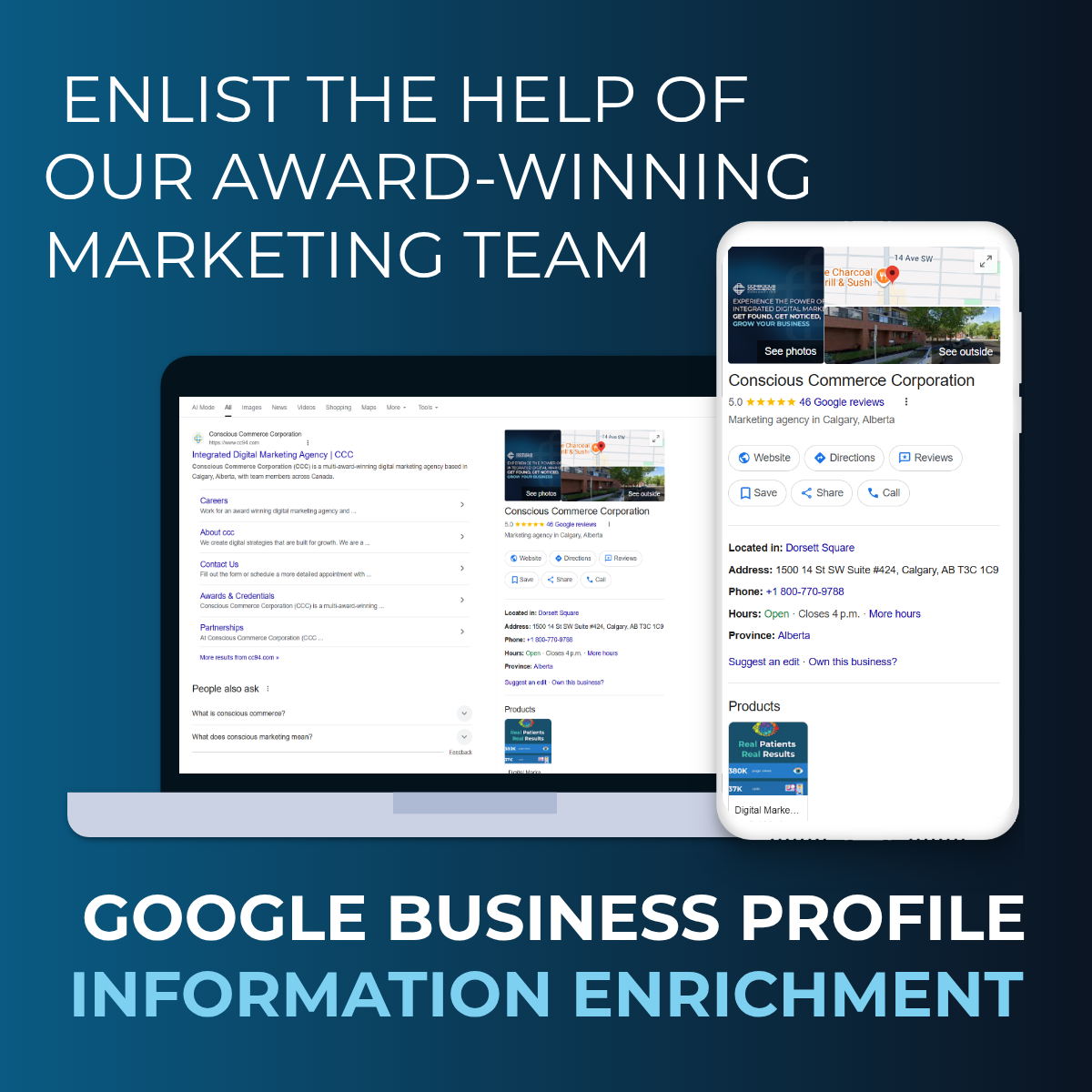 Ad for Google Business Profile information enrichment, featuring a laptop and phone displaying business listings.