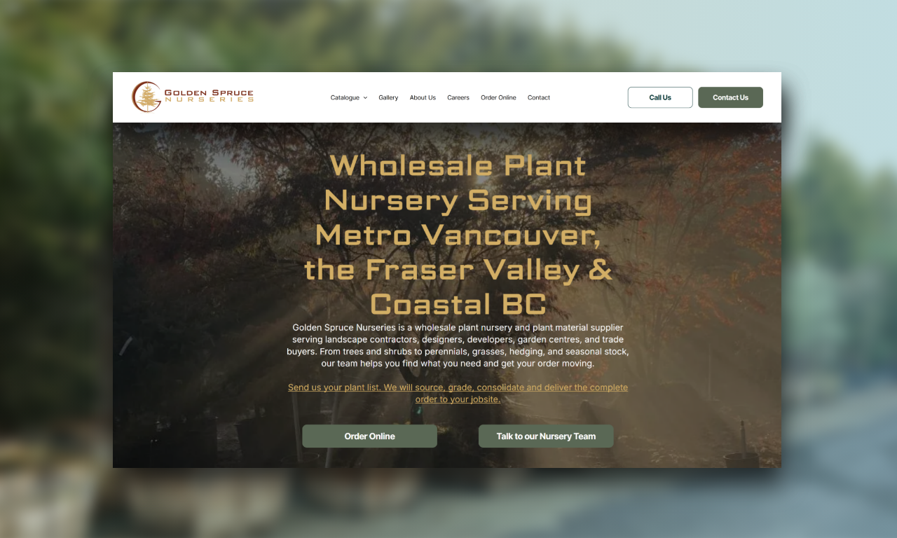 Wholesale plant nursery homepage with dark foliage background and navigation bar offering wholesale and retail options