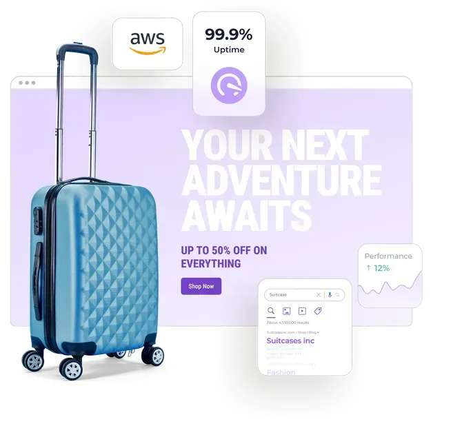 A blue suitcase is sitting in front of a computer screen that says your next adventure awaits.
