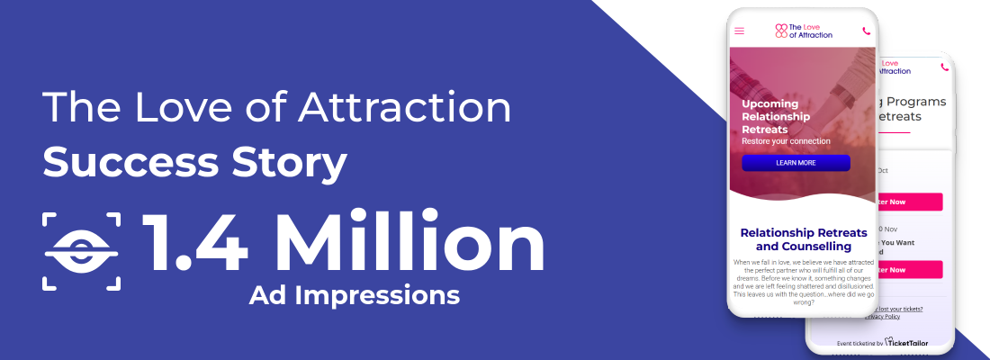 “Love of Attraction” success story graphic showing 1.4 million ad impressions on a purple background