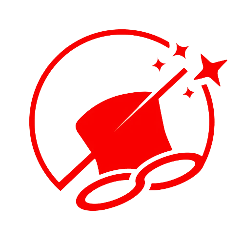 A red logo with a graduation cap and a wand in a circle.