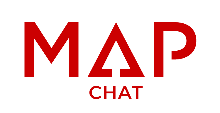 A red map chat logo on a white background