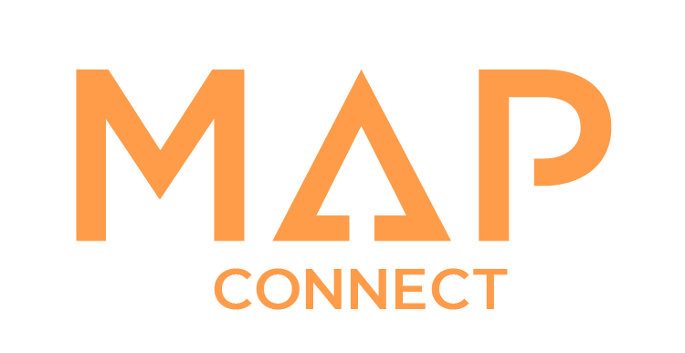 A map connect logo with orange letters on a white background