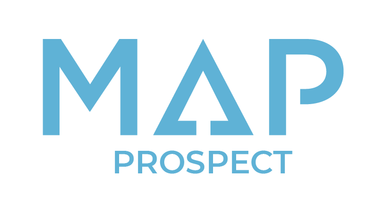 A blue map prospect logo on a white background.