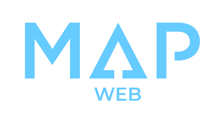 A blue map web logo on a white background