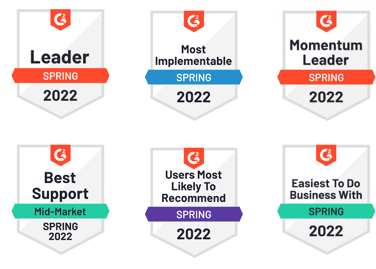 A set of badges that say leader , best support , most implementable , momentum leader , and most likely to recommend.