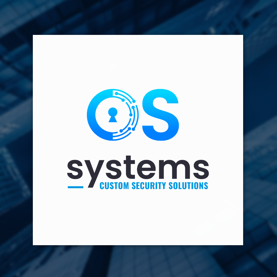 A blue and white logo for os systems custom security solutions