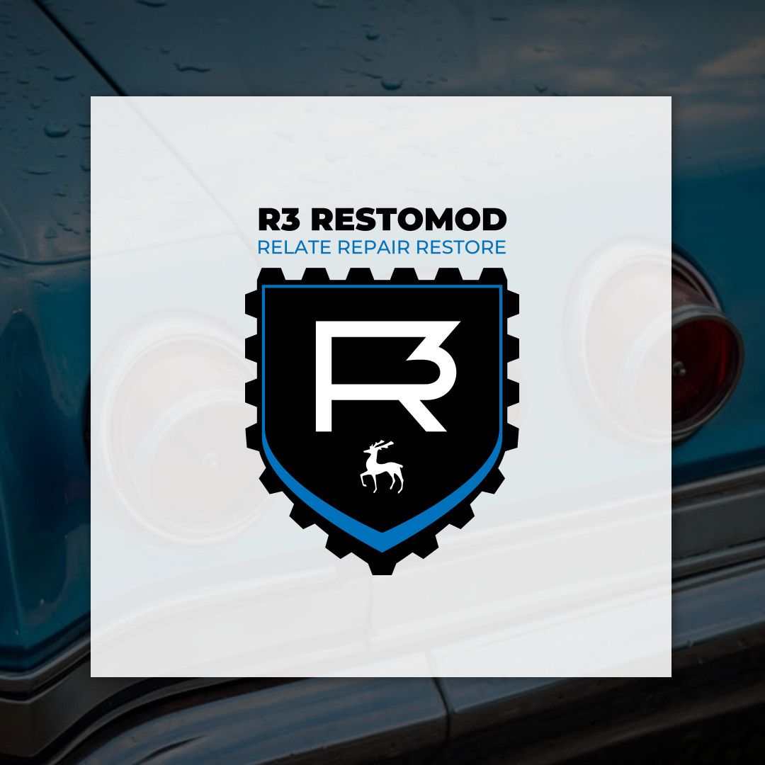 A logo for r3 restomod with a blue car in the background