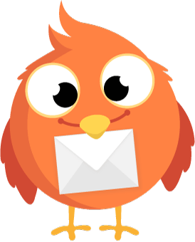 Orange cartoon owl holding a white envelope, with big eyes and a yellow beak.