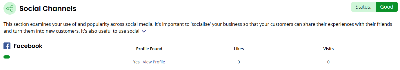 An image of the social channels section of a local search audit showing Facebook