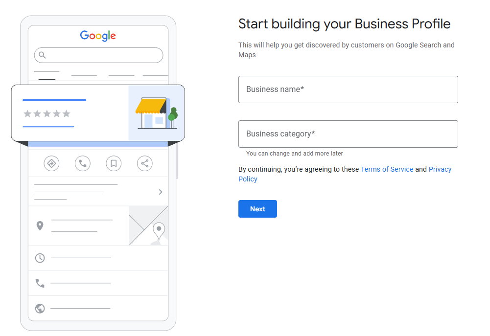 A screenshot of the page to create a Google Business Profile