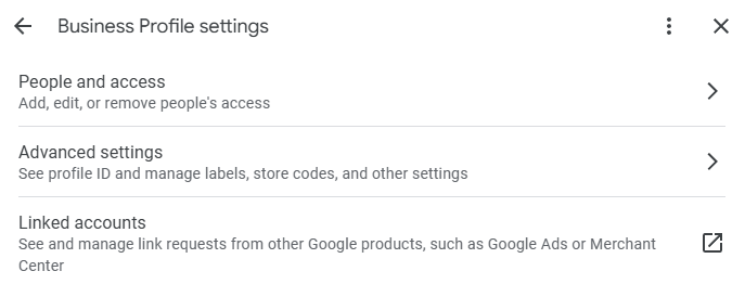 A screenshot of a google business profile settings page.