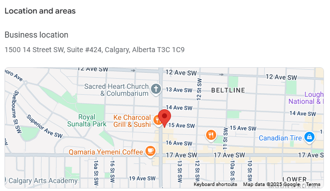 Map showing business location at 1500 14 St SW, Calgary, Alberta, near Ke Charcoal Grill & Sushi, and Sacred Heart Church.