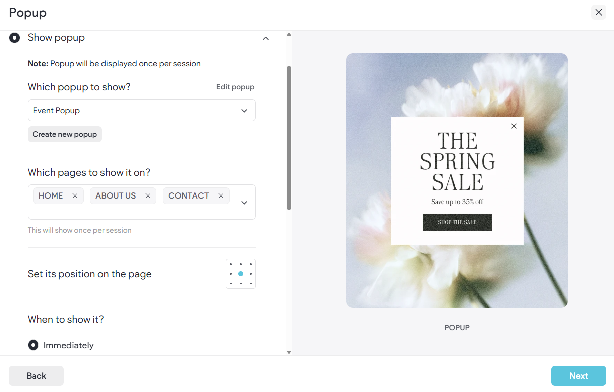 Design editor showing a “Spring Sale” floral poster preview with controls on the left.