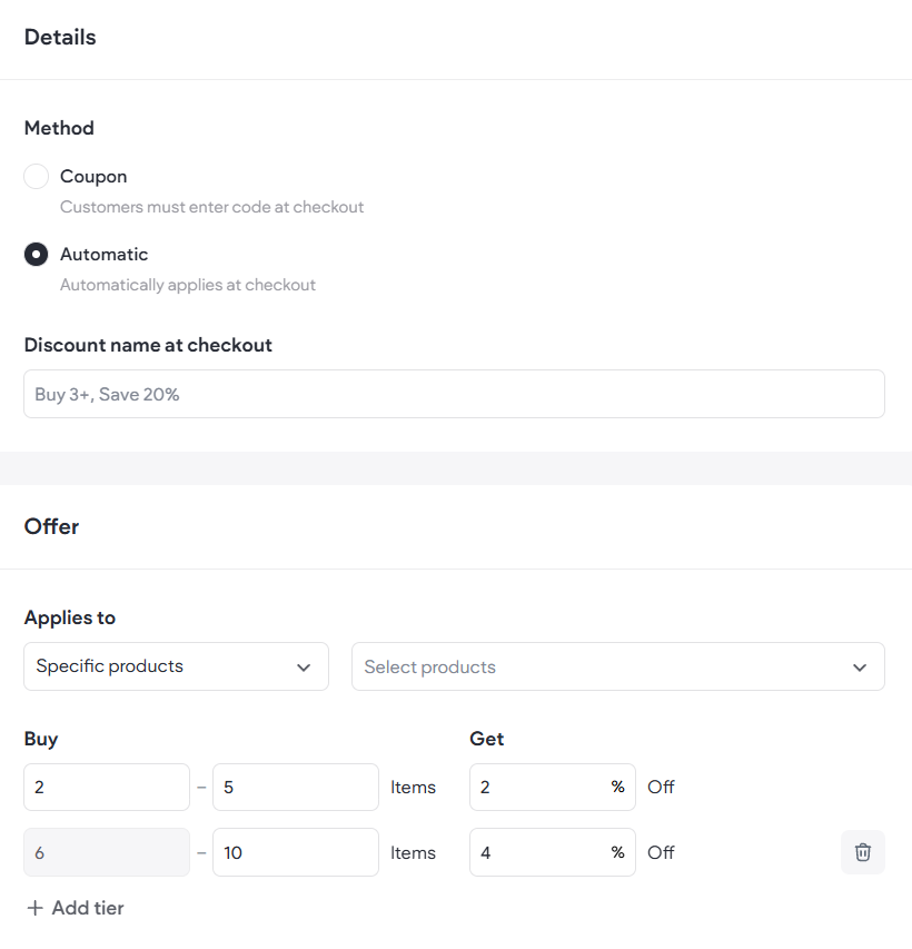Discount setup form showing coupon/automatic method options and buy-one-get-one offer fields.