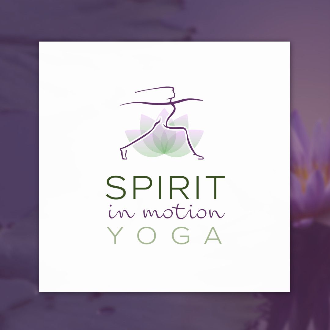 A logo for spirit in motion yoga with a purple background