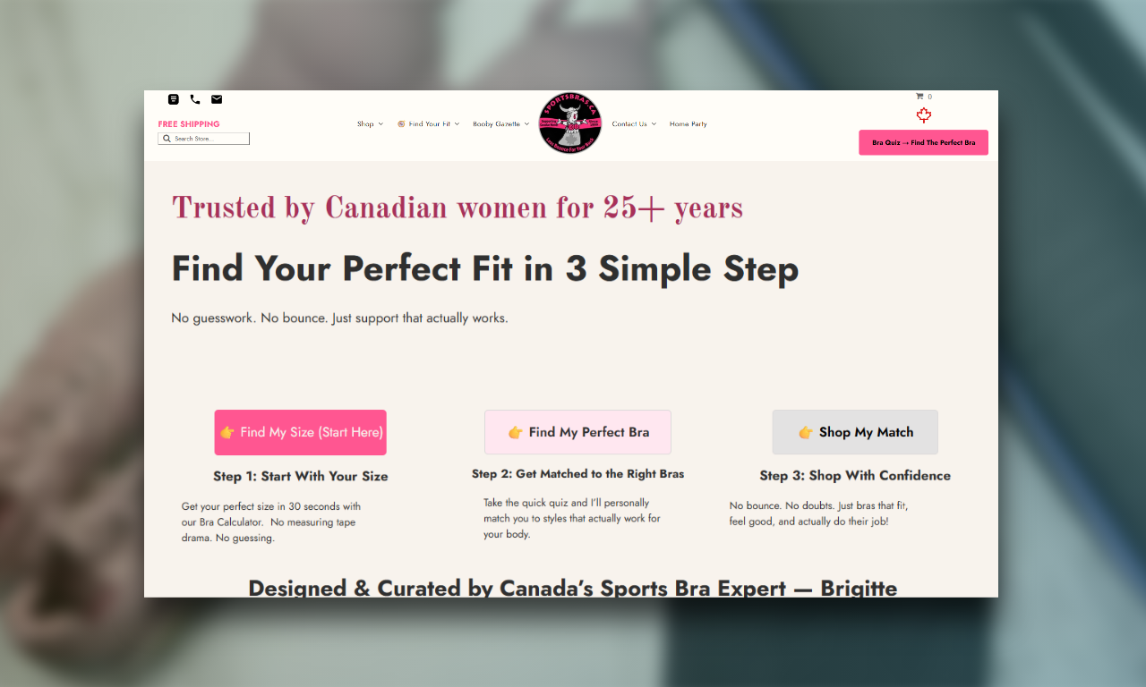Website homepage with pink banner, headline, and three step boxes for finding a perfect fit.