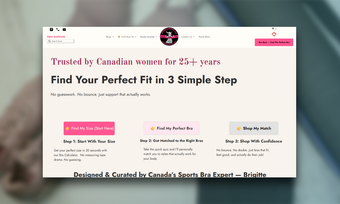 Website homepage with pink banner, headline, and three step boxes for finding a perfect fit.