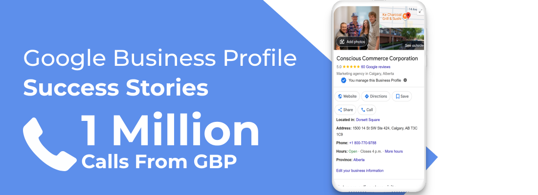 Blue Google Business Profile success story ad with phone icon, “1 Million Calls From GBP,” and smartphone mockup