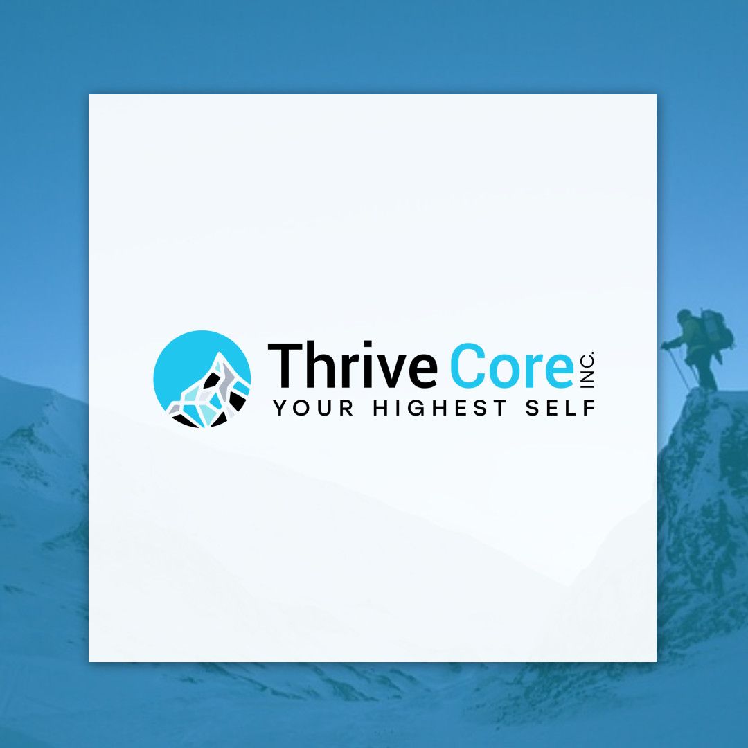 The logo for thrive core shows a person climbing a mountain.