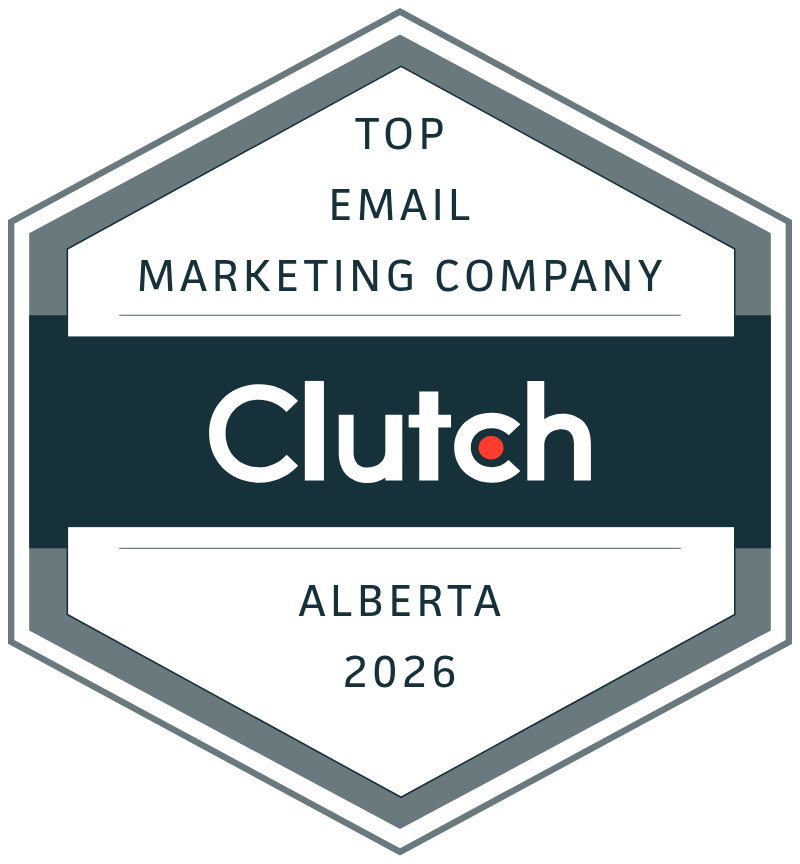 Clutch badge reading “Top Email Marketing Company,” Alberta 2026, in teal and gray