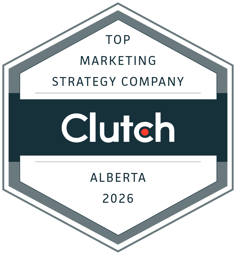 Clutch badge reading “Top Marketing Strategy Company” with Alberta 2026 in gray, white, and dark teal