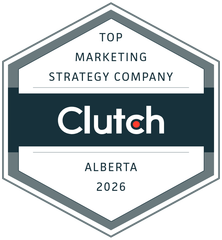 Clutch “Top Marketing Strategy Company” Alberta 2026 award badge in teal, gray, and white
