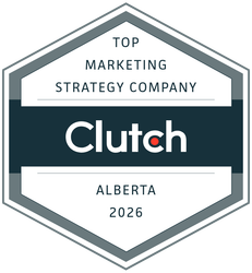 Clutch “Top Marketing Strategy Company” Alberta 2026 award badge in teal, gray, and white