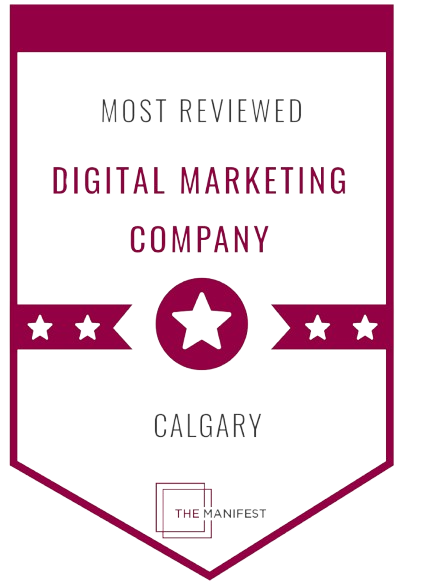 Award badge for most reviewed digital marketing company in Calgary, magenta and white design
