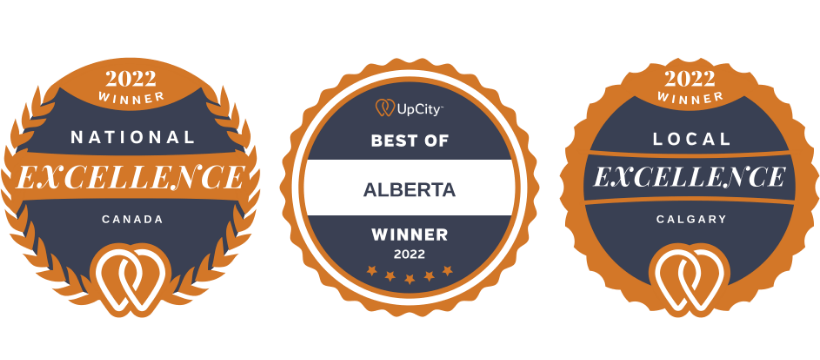 Three badges that say national excellence best of alberta and local excellence