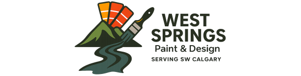 West Springs Paint & Design logo with stylized mountains, paintbrush, and green river