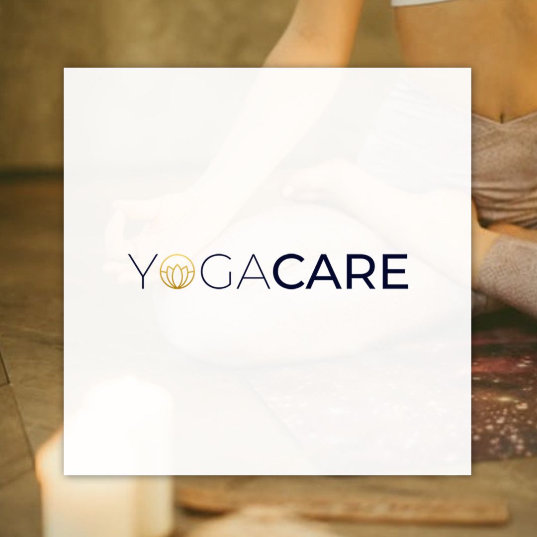A logo for yogacare with a person sitting on a mat
