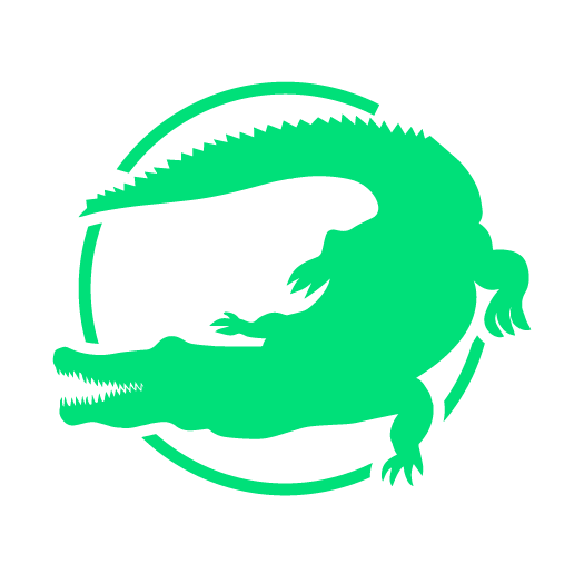 Green crocodile logo inside a thin circular ring on a white background