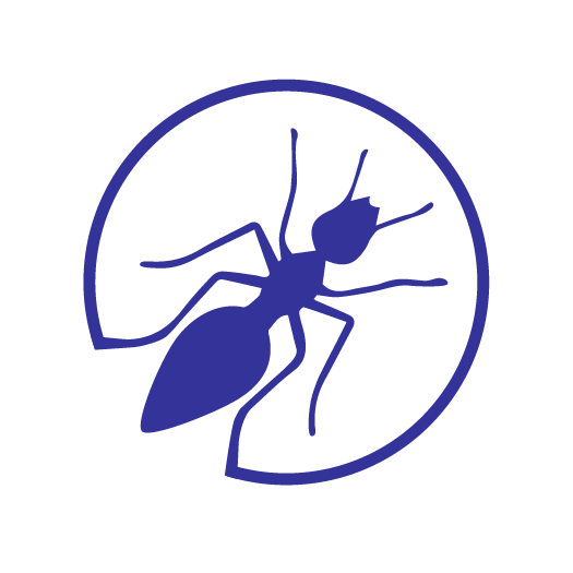 Purple ant icon inside a circular outline on a white background