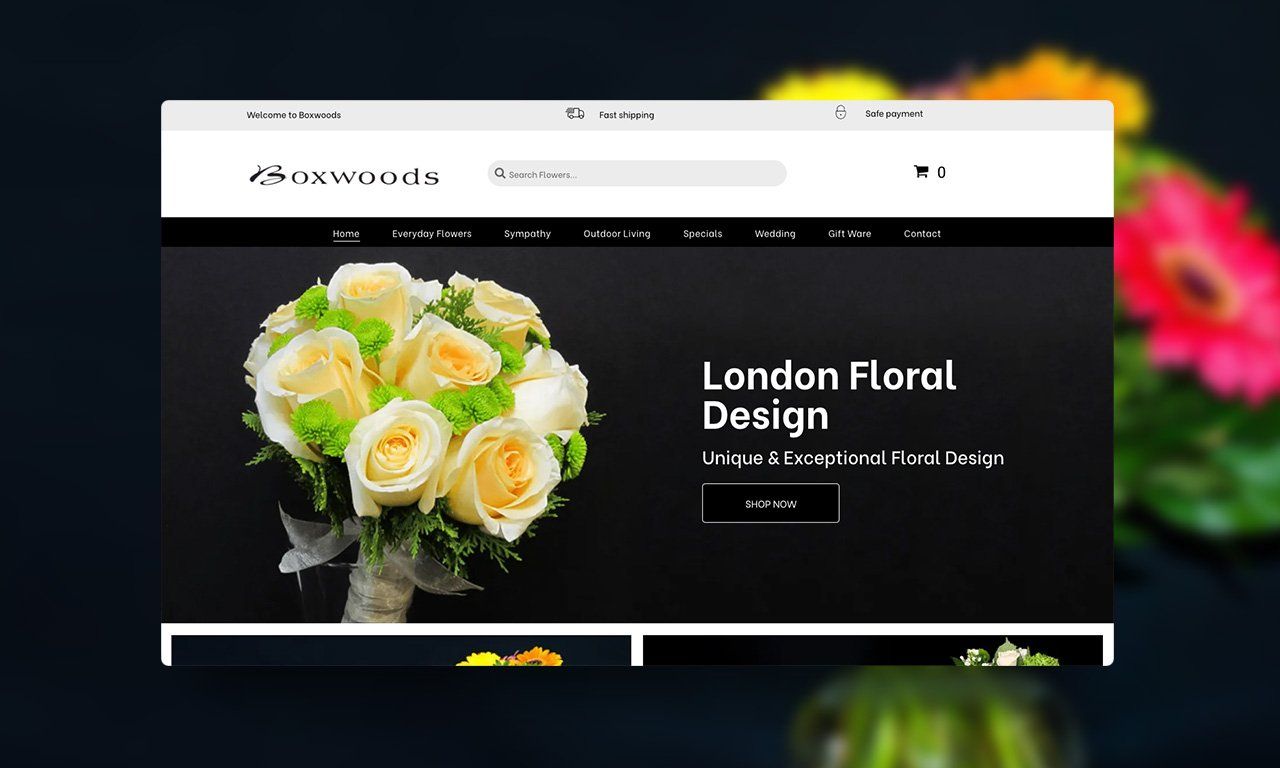 A website for london floral design with flowers in the background