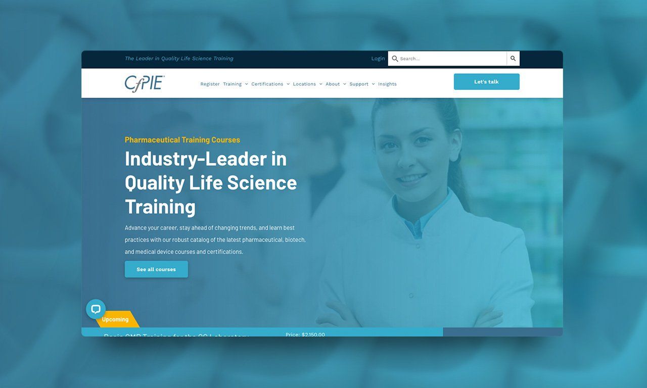 A screenshot of a website that says industry leader in quality life science training
