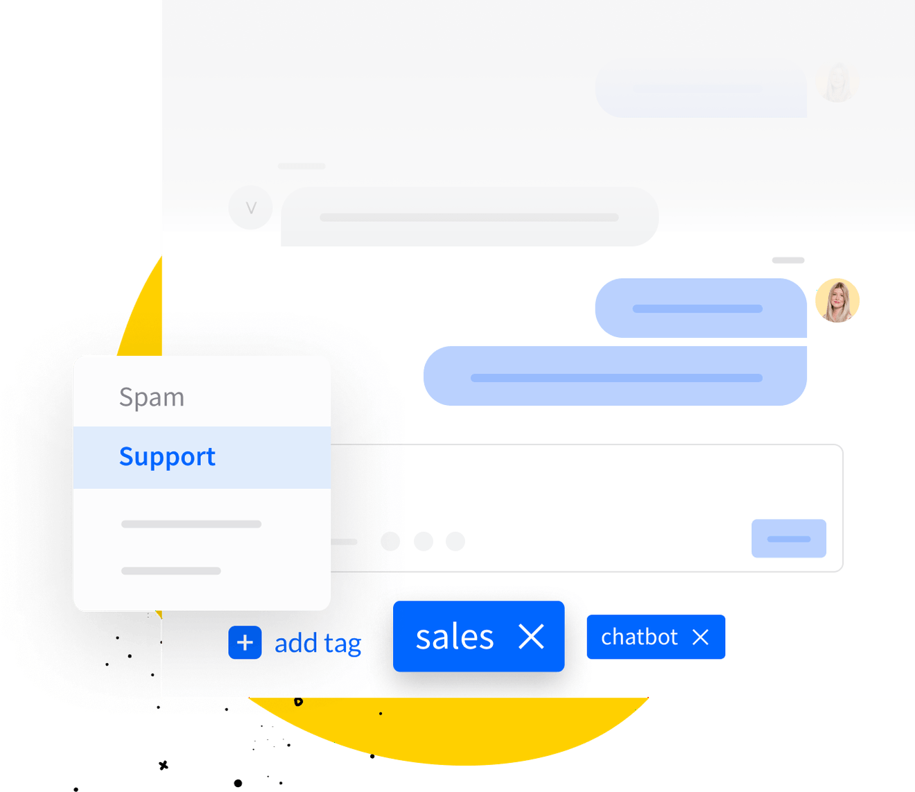 A screenshot of a messaging app with a yellow triangle in the corner.