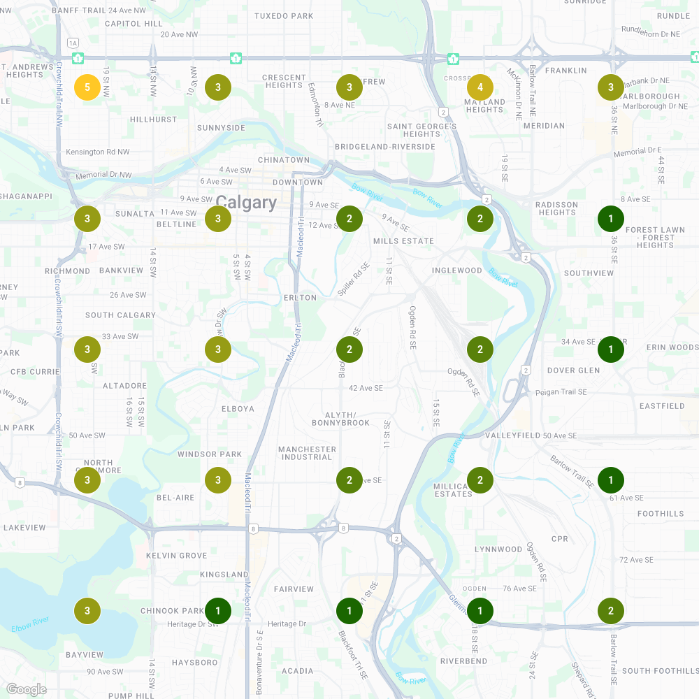 Map of Calgary, Alberta, with numbered dots indicating an unspecified metric, color-coded green to yellow.