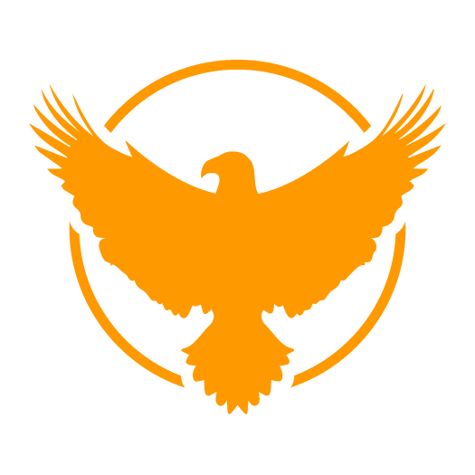 Orange eagle silhouette with spread wings inside a circular arc emblem