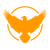 Orange eagle silhouette with spread wings inside a circular arc emblem
