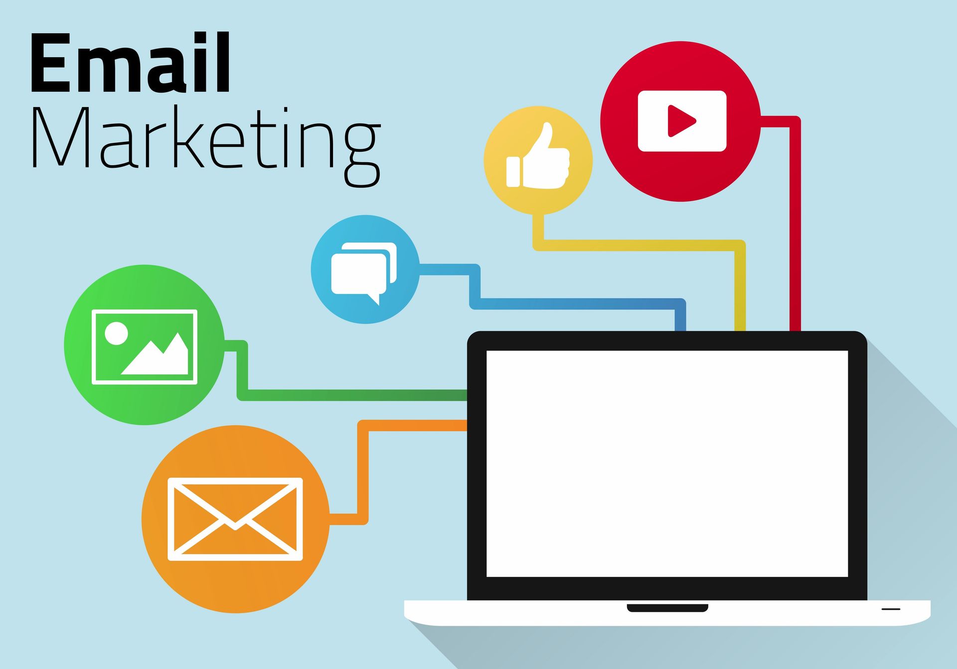 A laptop computer is surrounded by icons for email marketing.