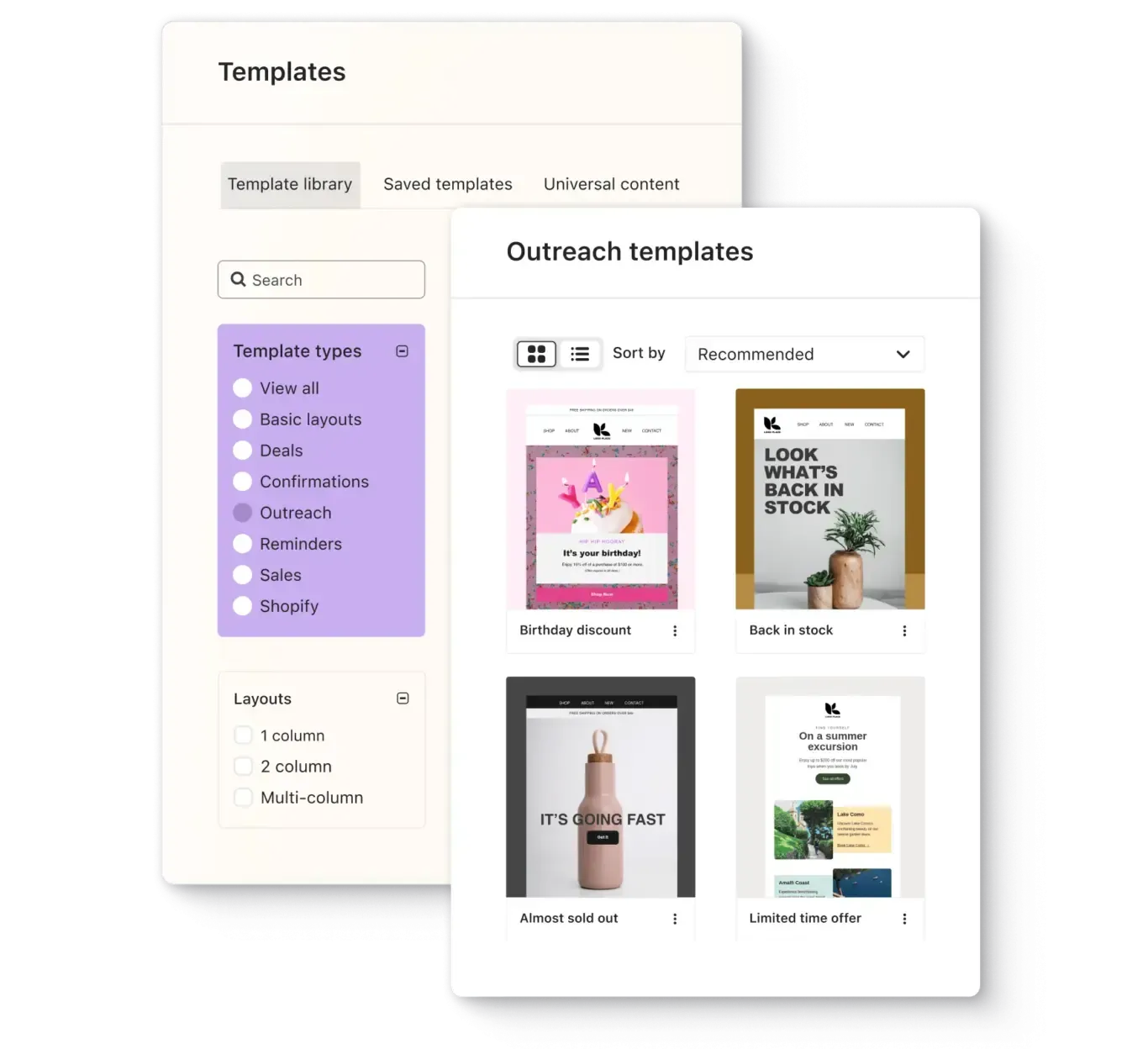 Templates interface showing outreach template thumbnails in a clean white and purple dashboard