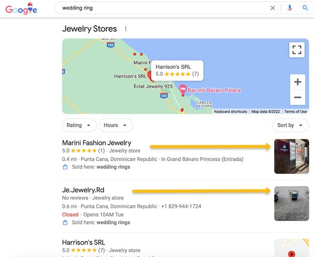 A screenshot of a google search for jewelry stores