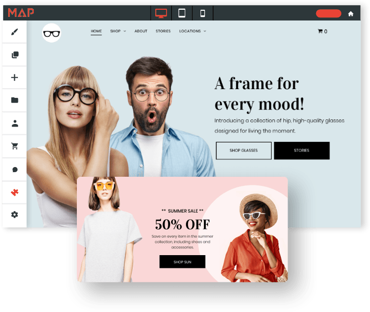 A man and a woman wearing glasses are standing next to each other on a website.