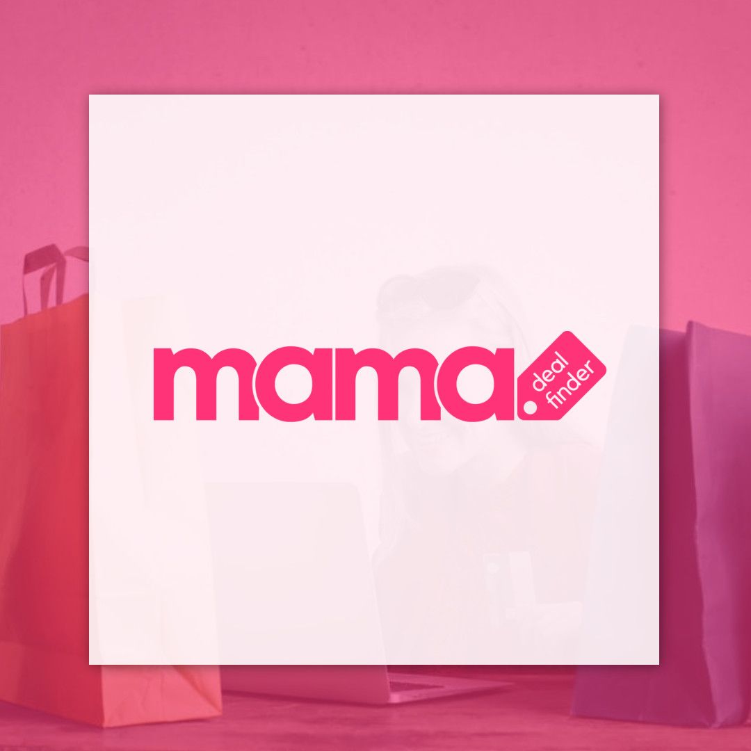 A pink and white logo for mama deal finder