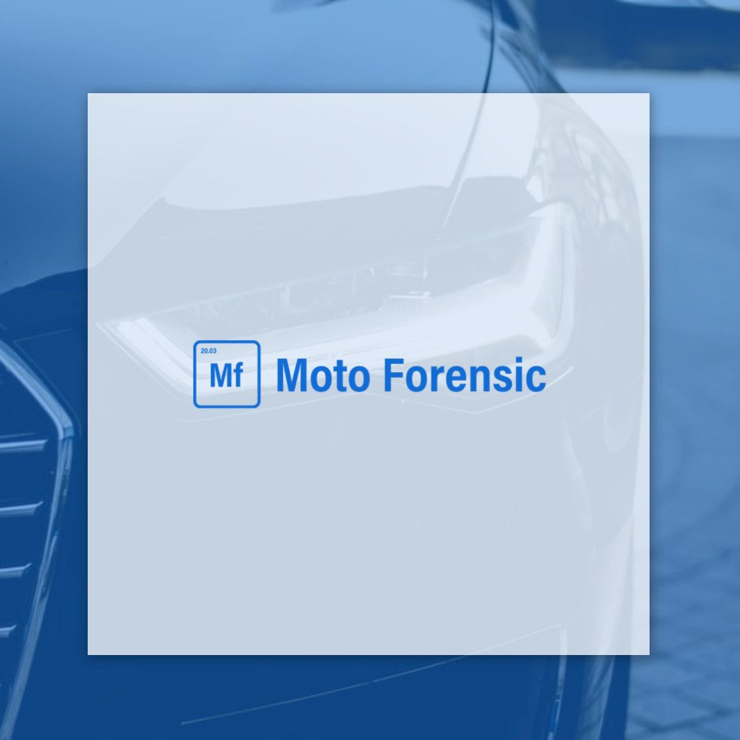 A picture of a car with the moto forensic logo on it