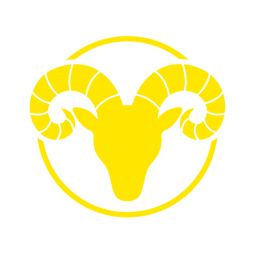 Yellow ram head logo inside a circular outline on a white background