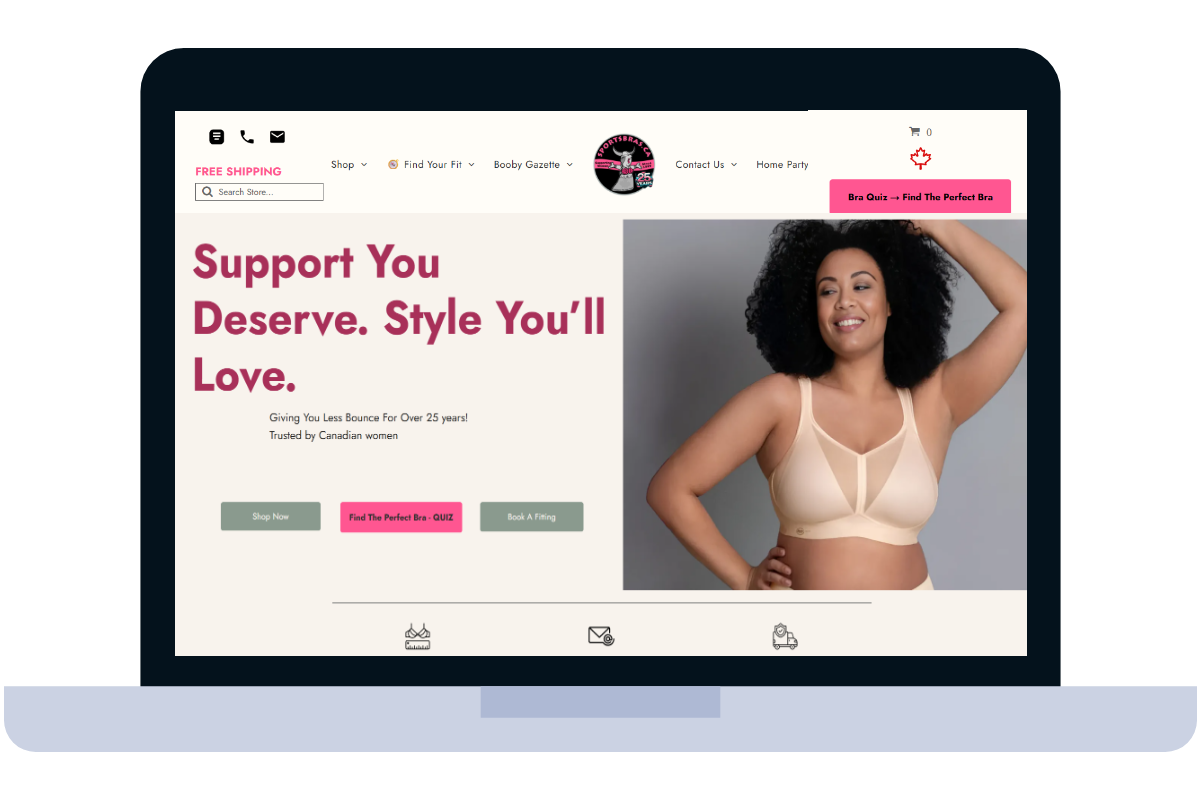 Laptop screen showing a bra website with a woman wearing a beige bra.